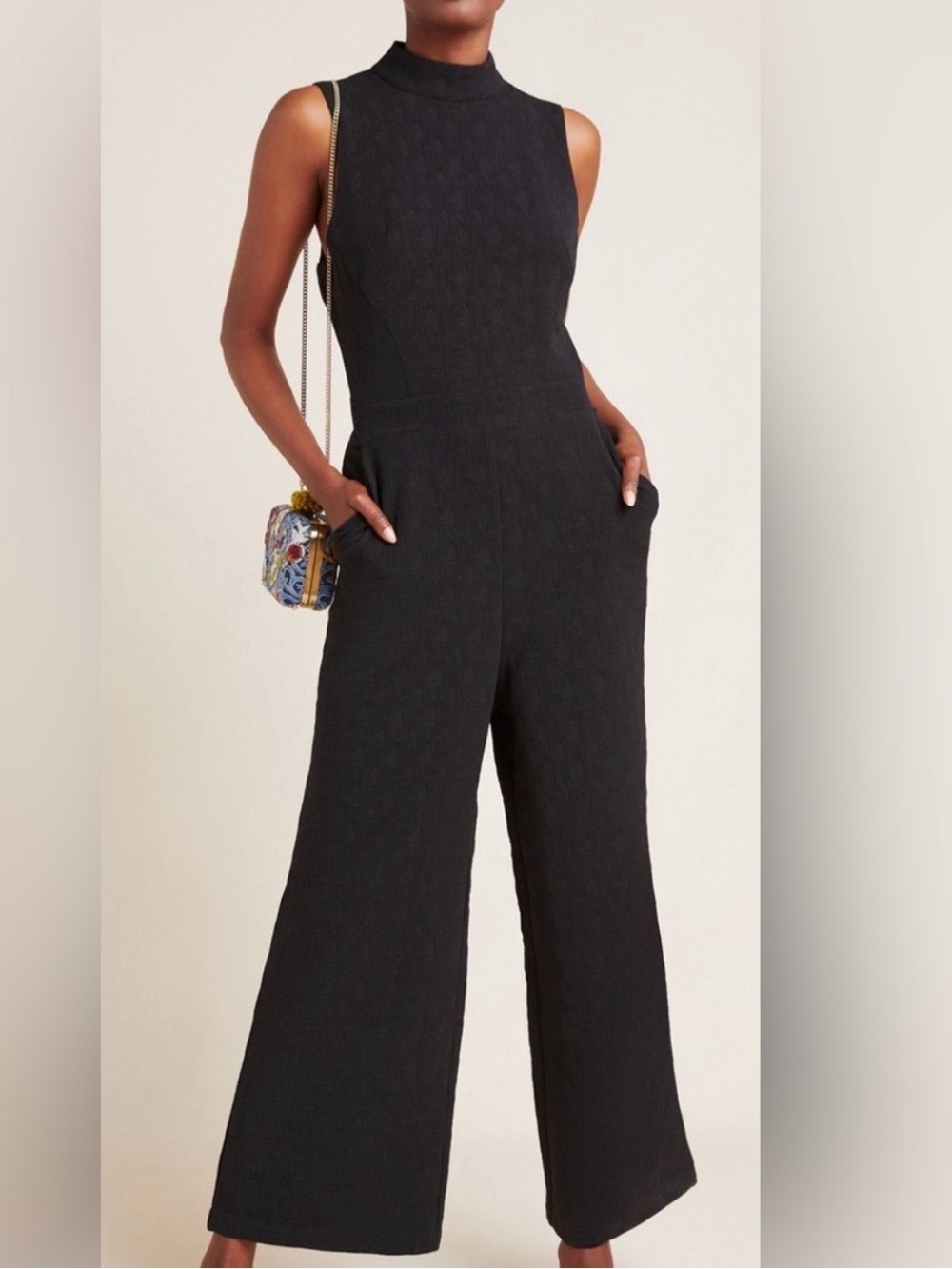Anthropologie Sleeveless Mock Neck Black Wide-Leg Jumpsuit